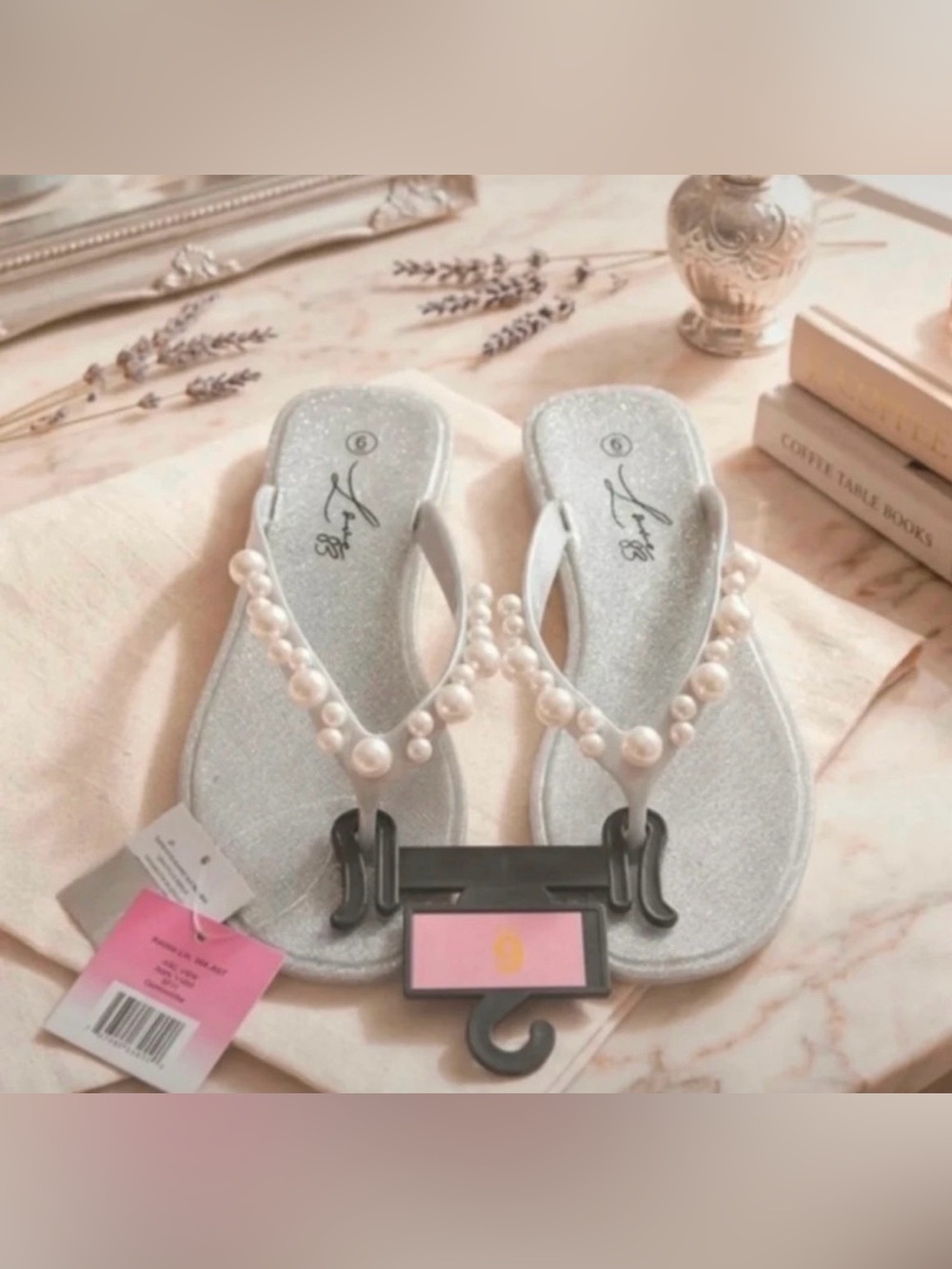 Pearl-Trim Silver Flip Flops - Elegant Women’s Sandals size 6 women’s